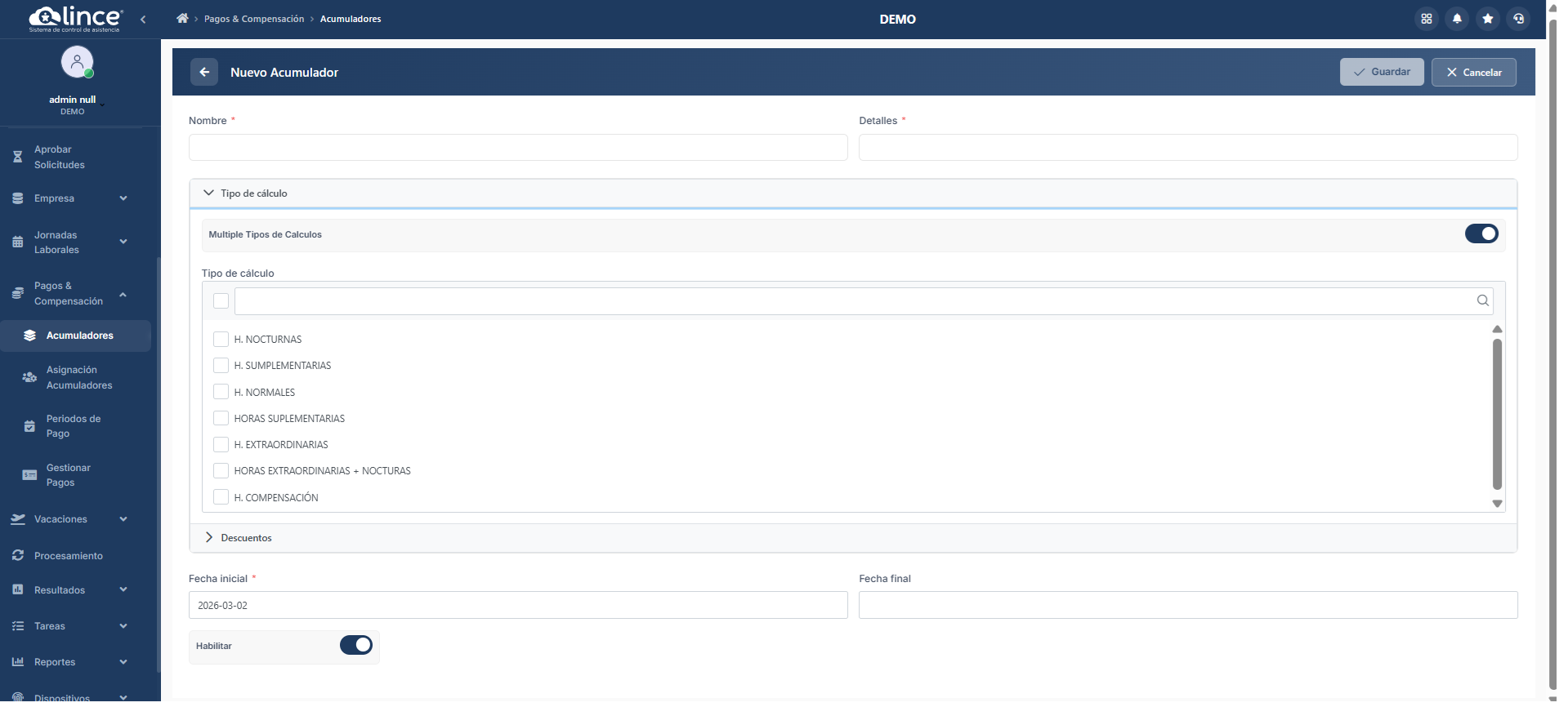 Formulario de Nuevo Acumulador - Tipo de cálculo