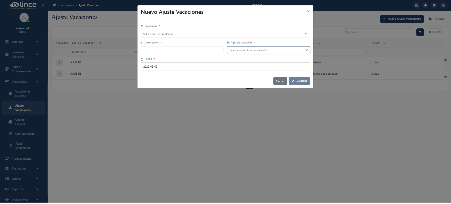Formulario de Nuevo Ajuste Vacaciones