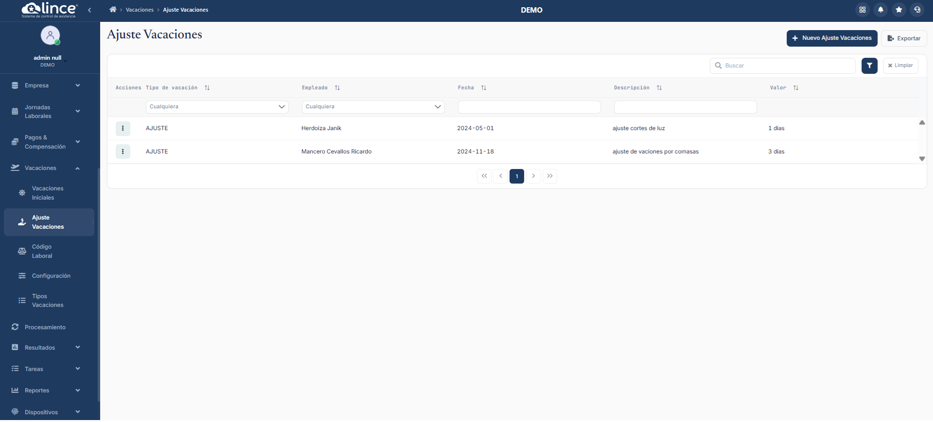 Lista de Ajuste Vacaciones
