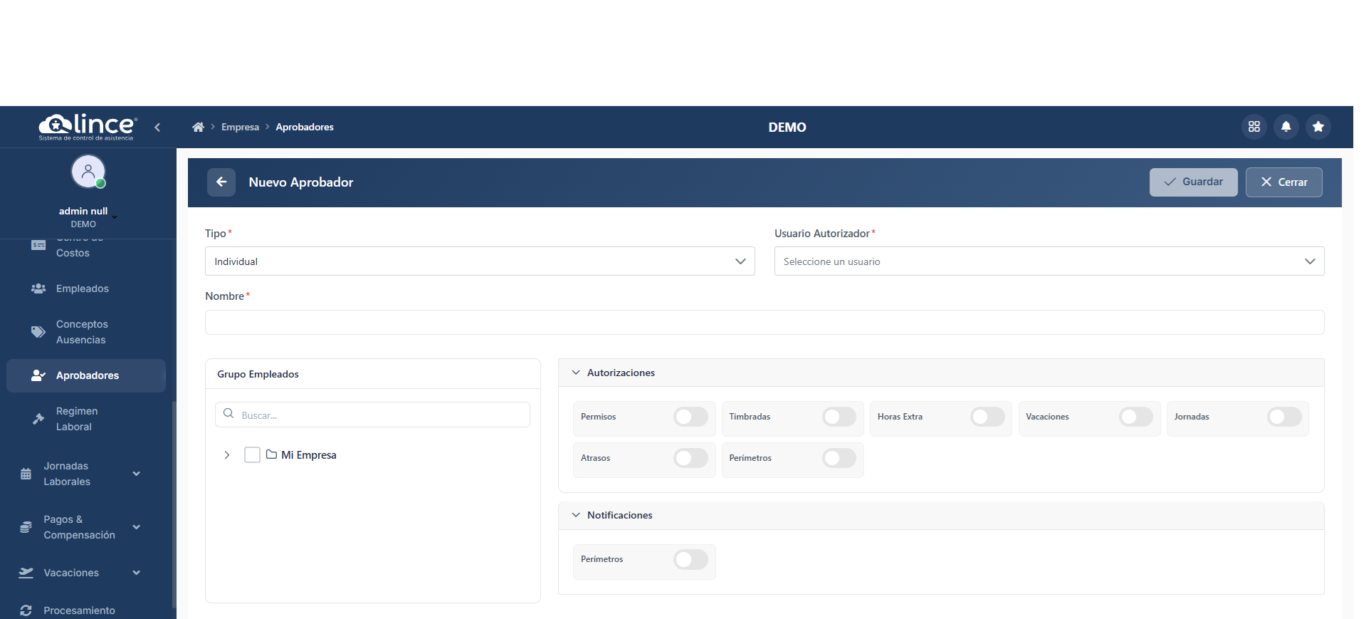 Formulario de Nuevo Aprobador