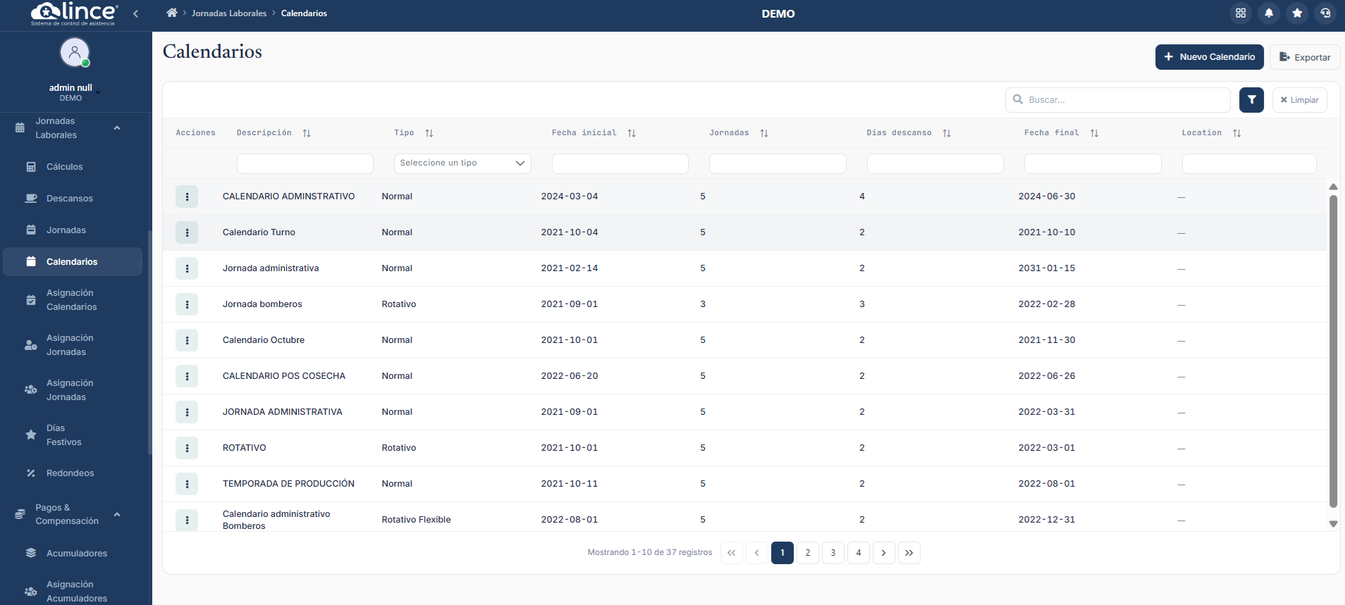 Lista de Calendarios