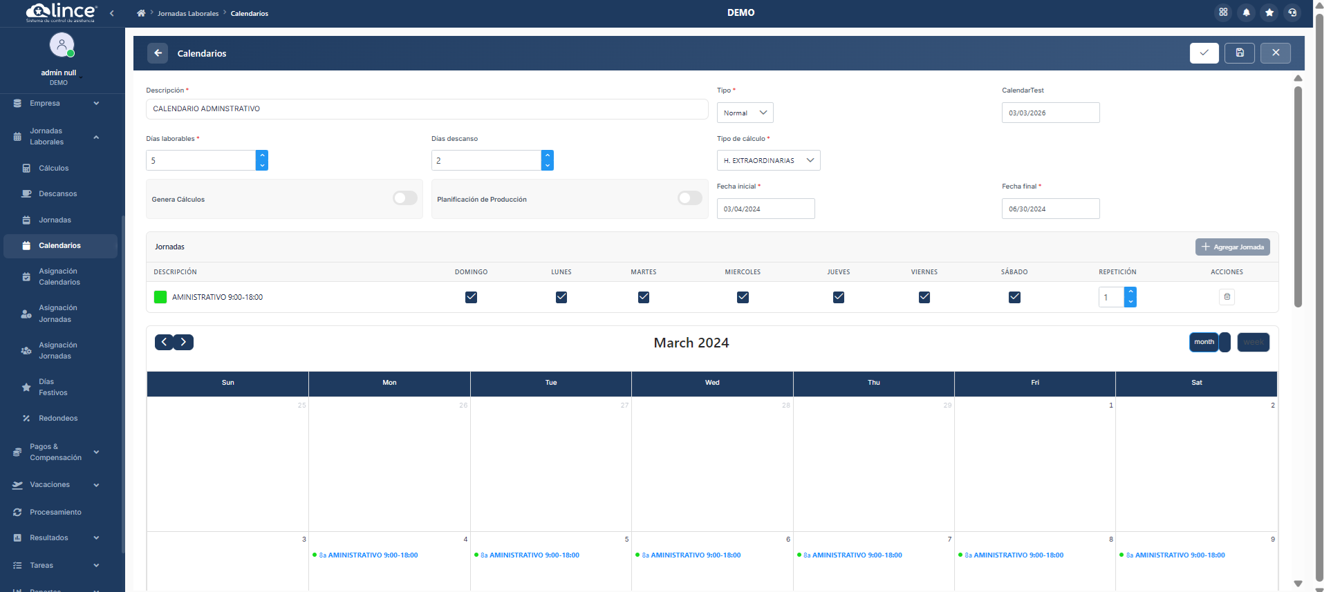 Configuración de calendario normal