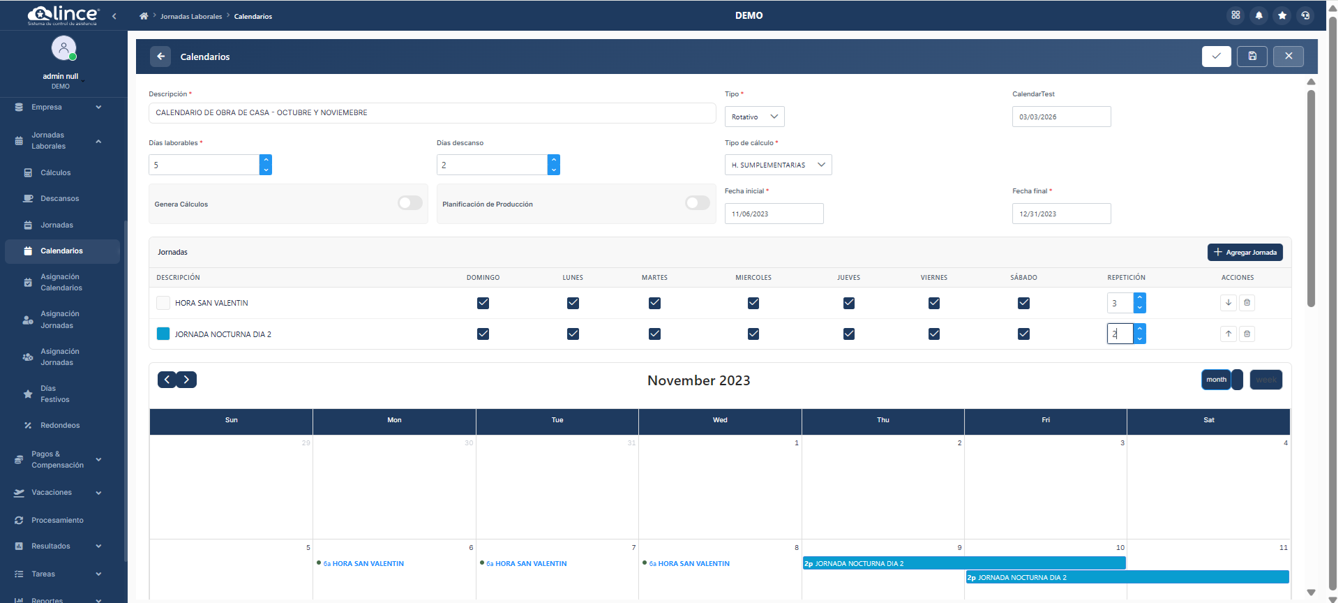 Configuración de calendario rotativo