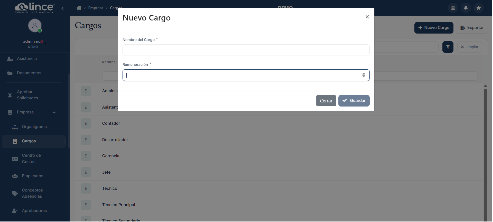 Formulario de Nuevo Cargo