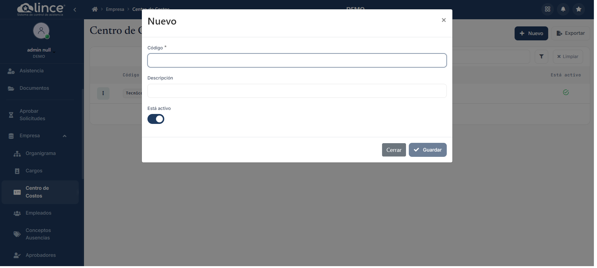 Formulario de Nuevo Centro de Costo
