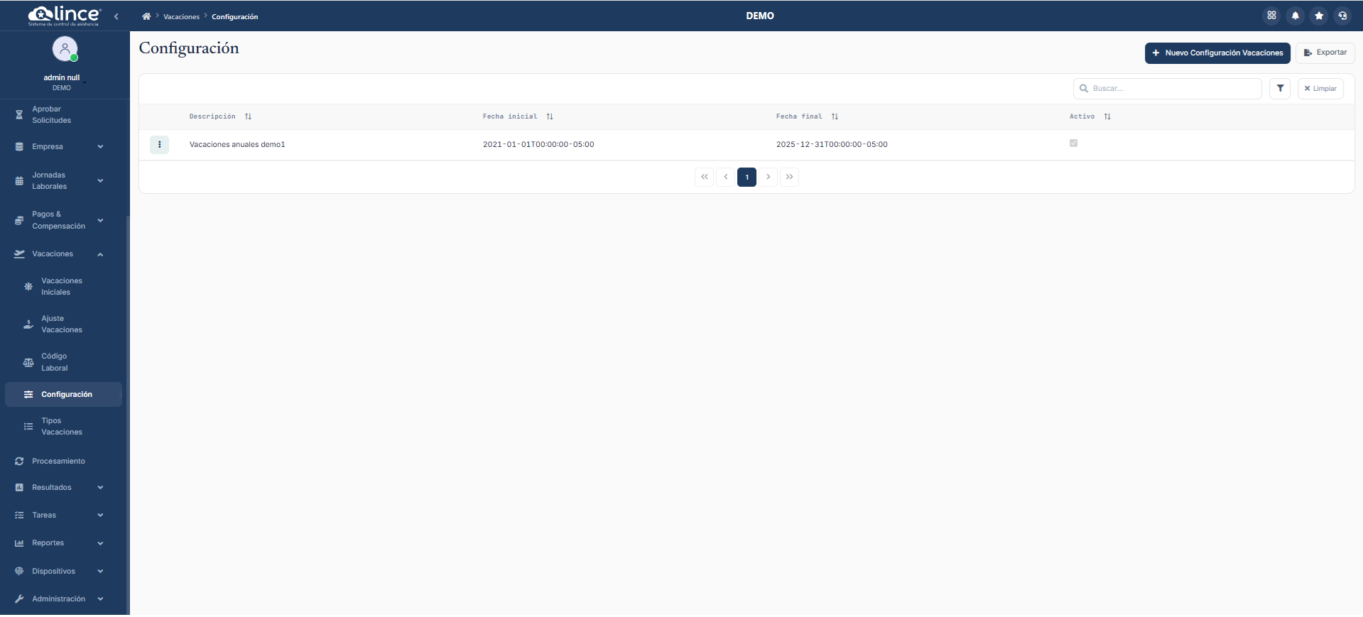 Lista de Configuración de Vacaciones