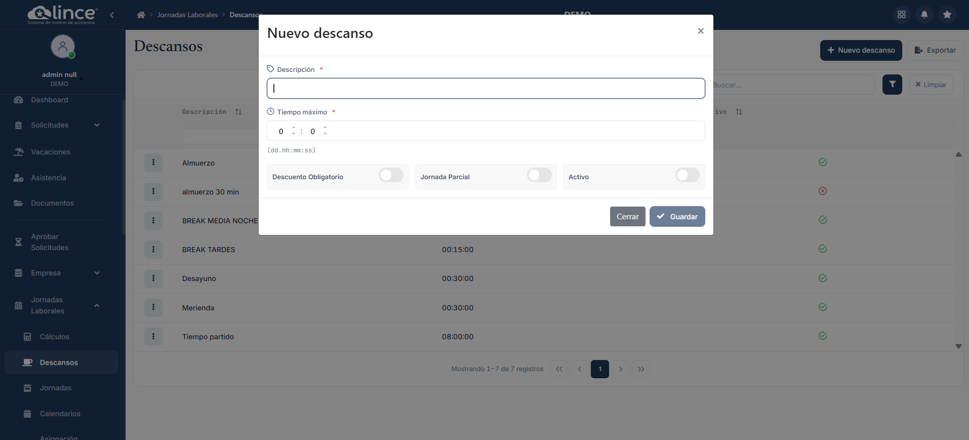 Formulario de Nuevo Descanso