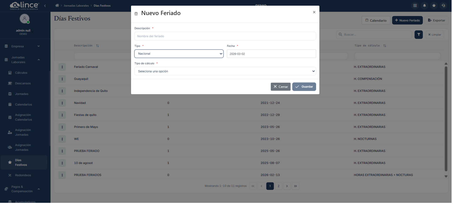 Formulario de Nuevo Feriado