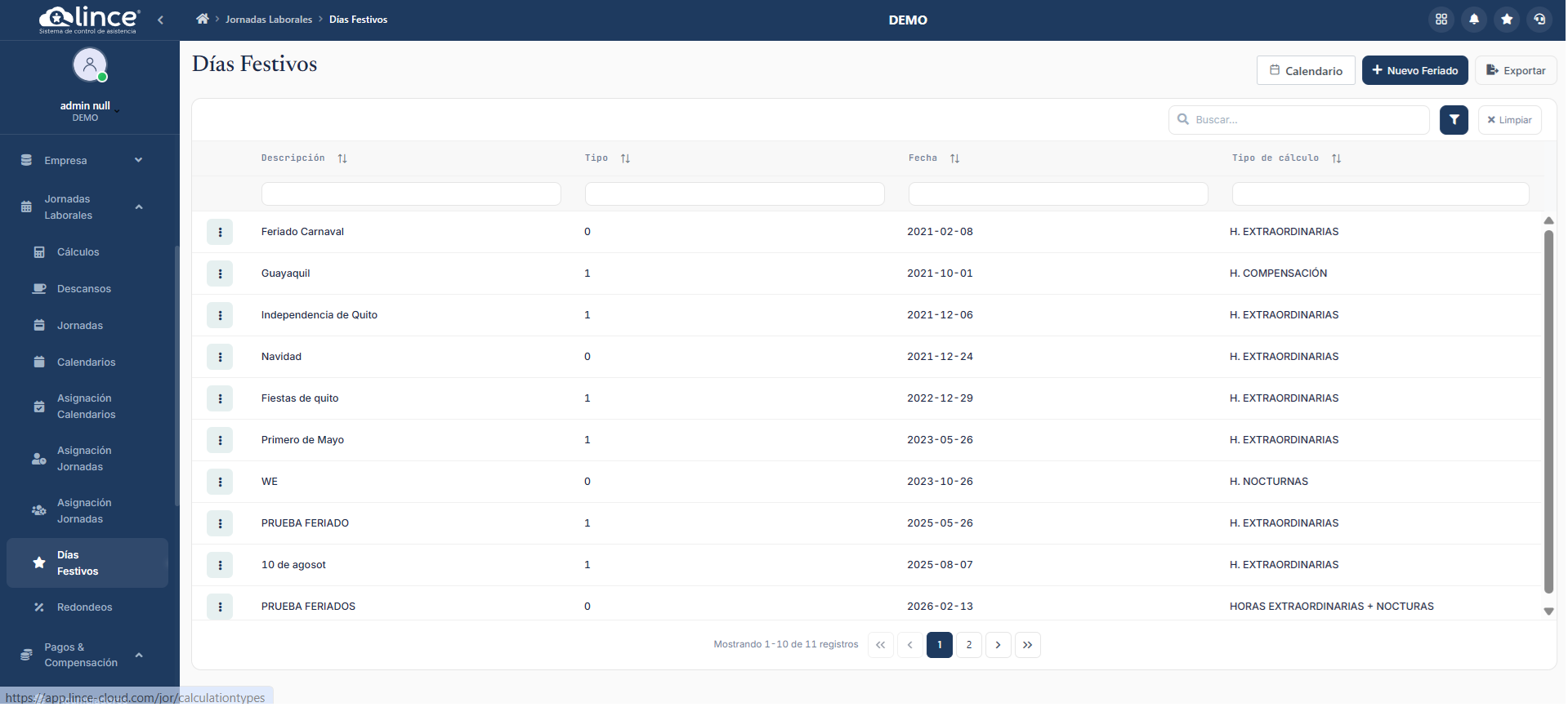 Lista de Días Festivos
