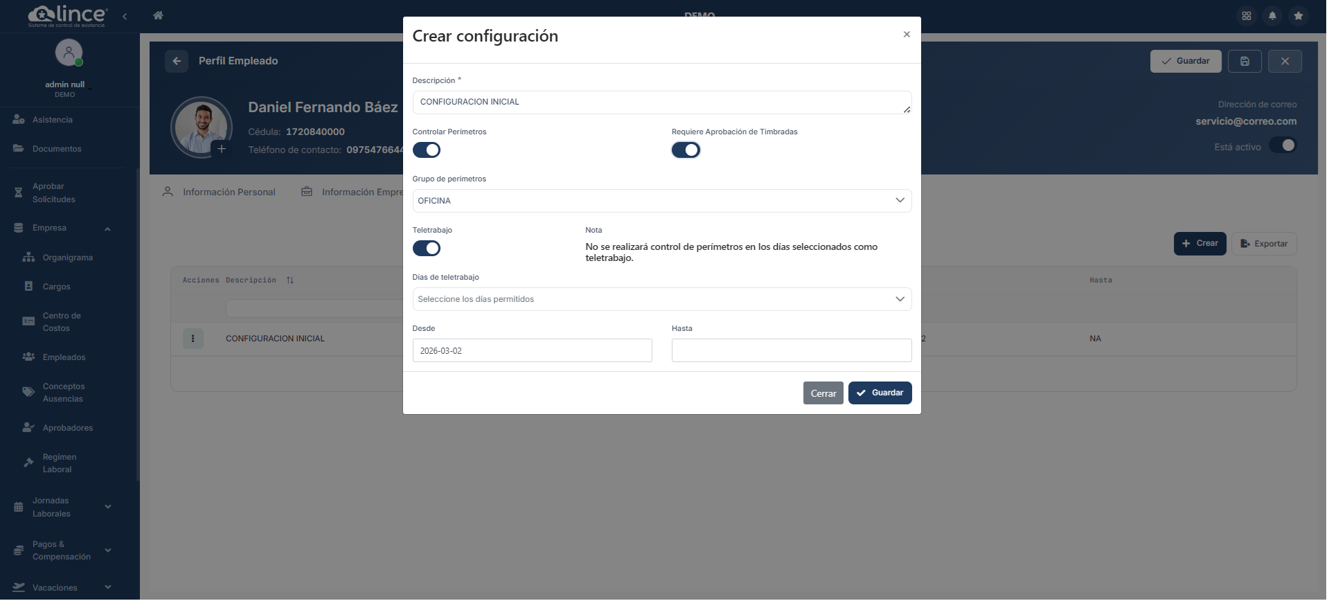 Formulario de Crear Configuración