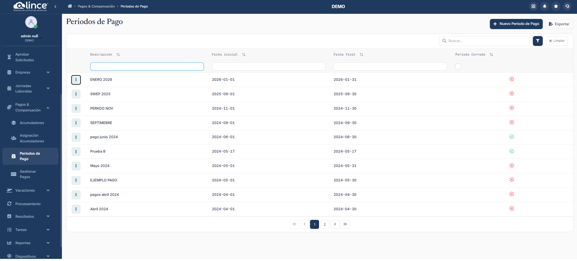 Lista de Periodos de Pago
