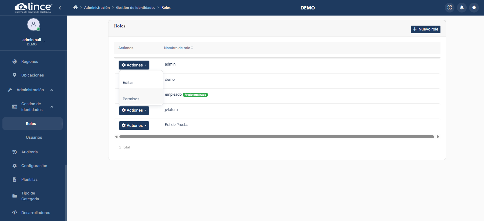 Menú de acciones de Roles