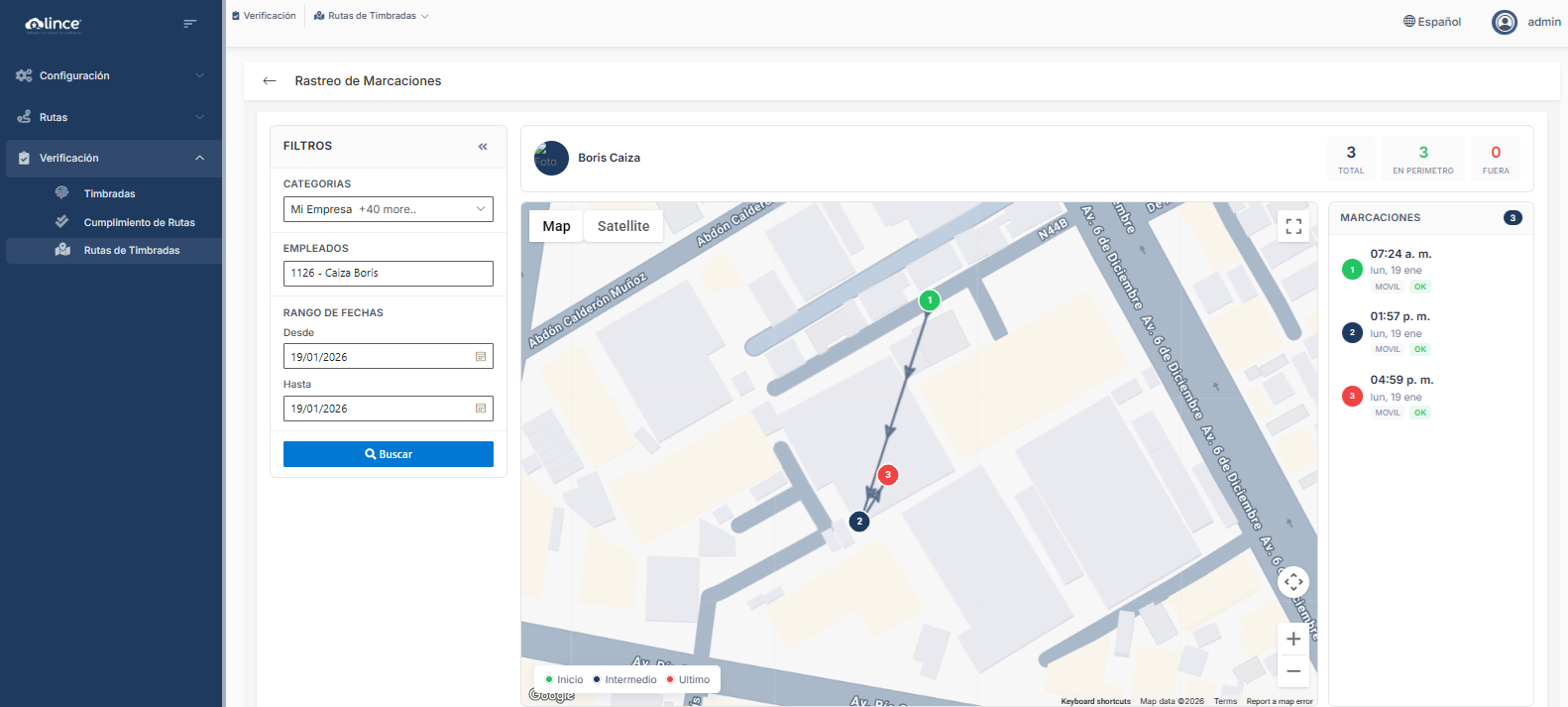 Vista de Ruta de Timbradas