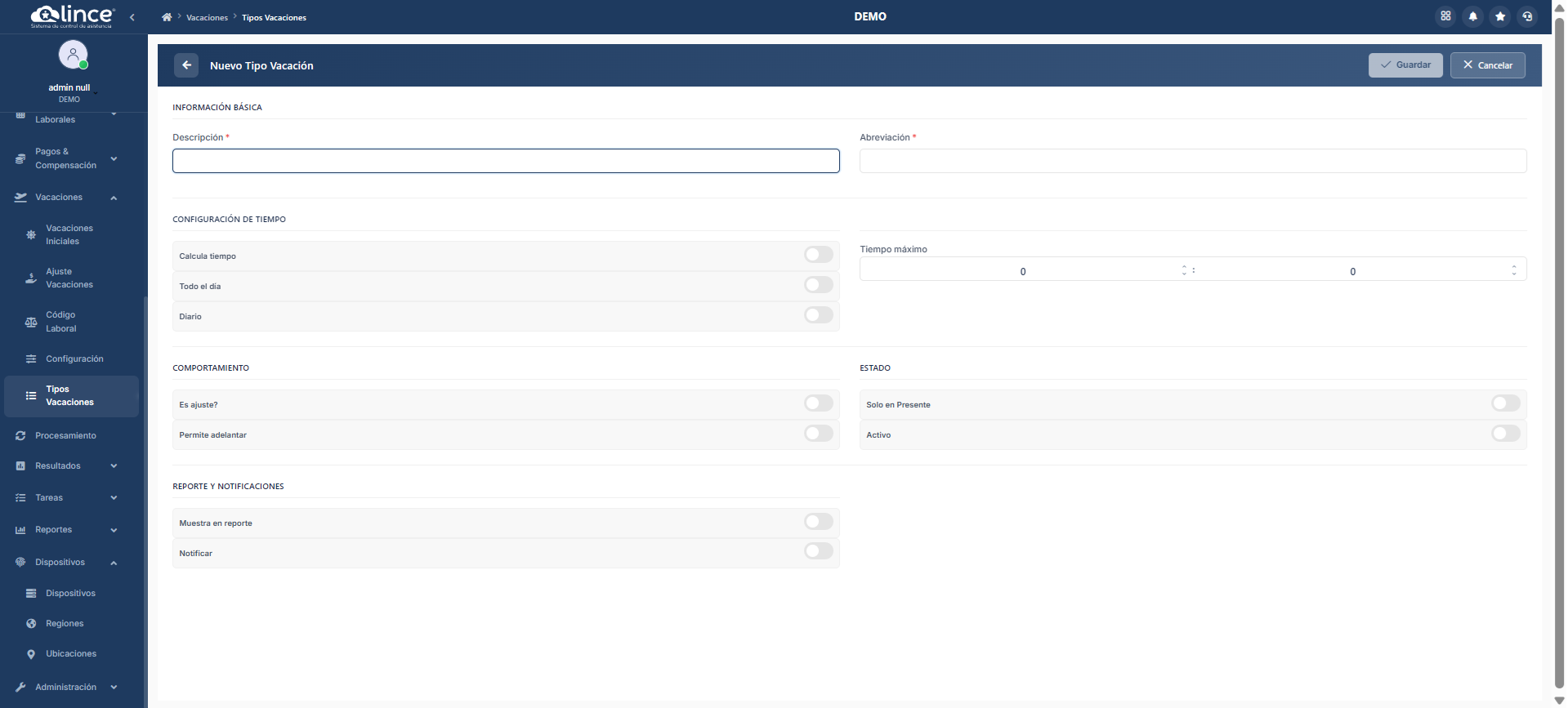 Formulario de Nuevo Tipo Vacación