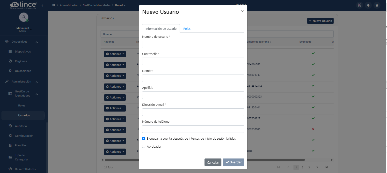 Formulario de Nuevo Usuario - Información