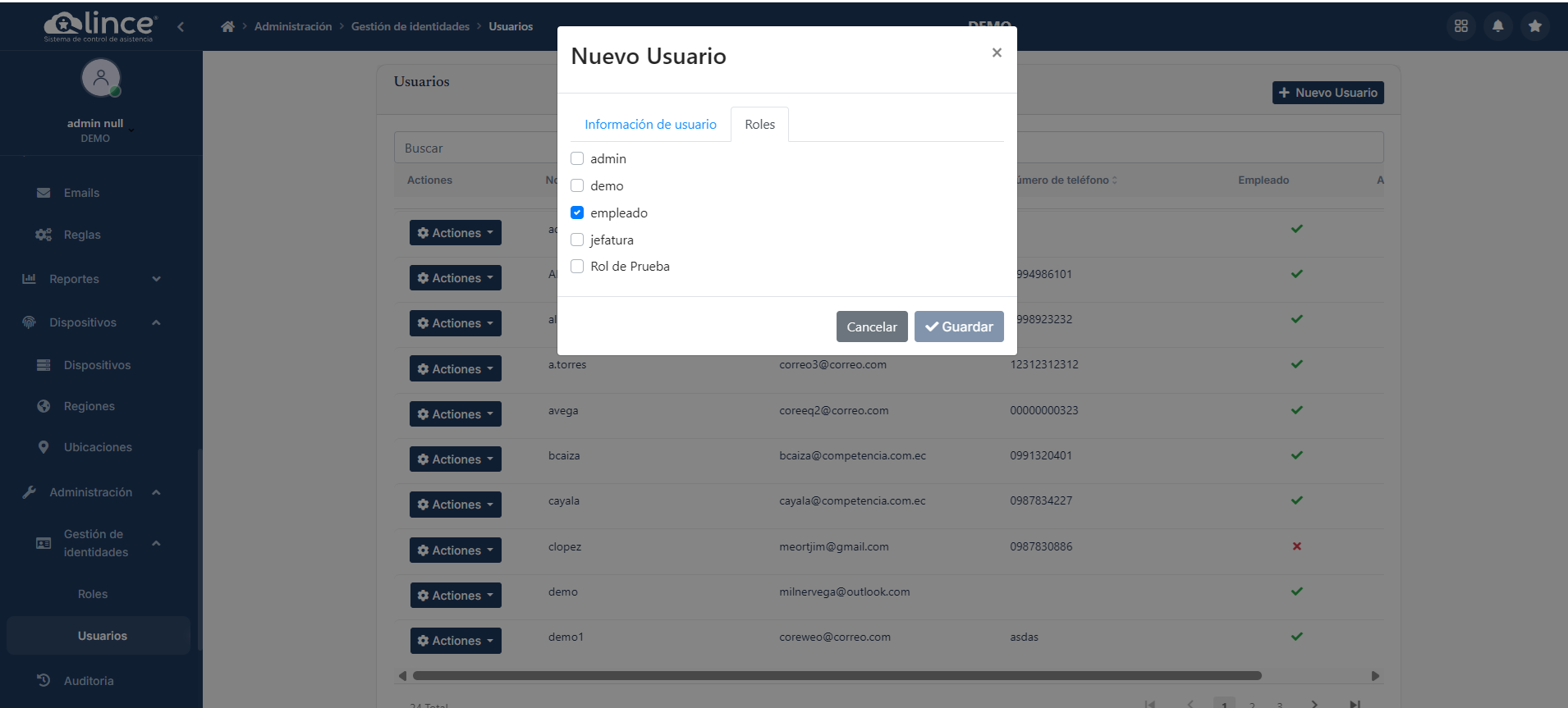 Formulario de Nuevo Usuario - Roles