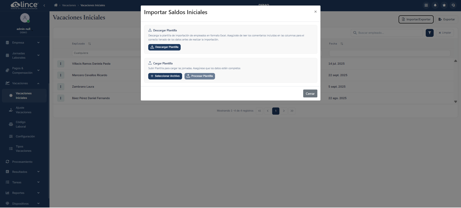 Lista de Vacaciones Iniciales